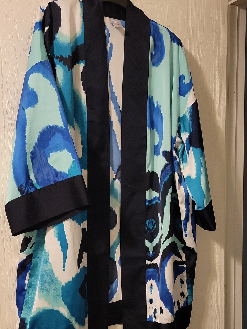 Chico's Aqua, Teal & Navy Print Open-Front Kimono